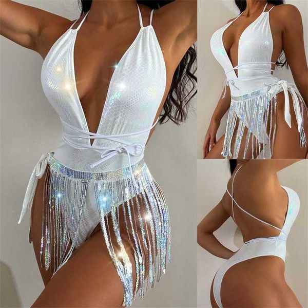 

2023 swimsuit women's new deep v ins tassels one-piece, White;black