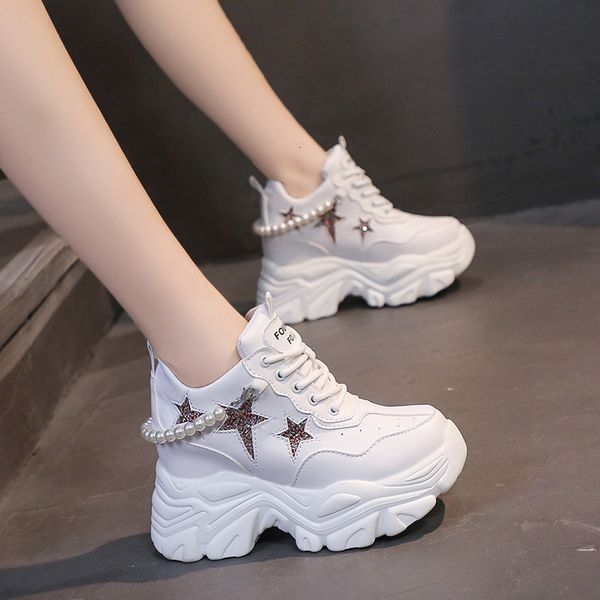 

dress shoes rimocy shiny sequins chunky platform sneakers women breathable lace up height increase shoes woman fashion pearl white sneakers, Black