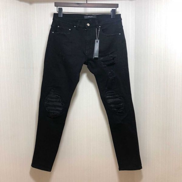 

jeans men pants ammir black patchwork leather men's slim high street fashion wash elastic style designer brand niche ins celebrity casu, Blue