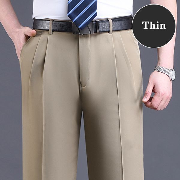 

men's pants double pleated suit black brown business khaki trousers for loose straight class pant thin summer 230307
