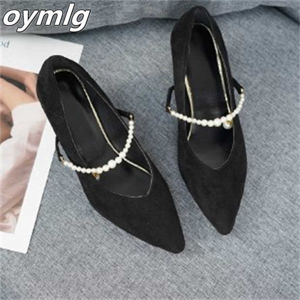 

large size pearl pointed toe shallow mouth thick heel shoes women springnew fashion high woman s 230304, Black