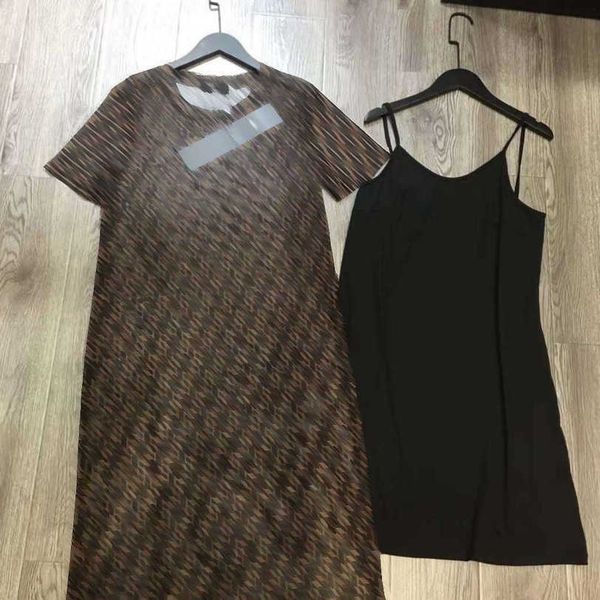 

23ss womens brand designer short sleeve dress double-f letter mesh perspective loose halter dress a1, Black;gray