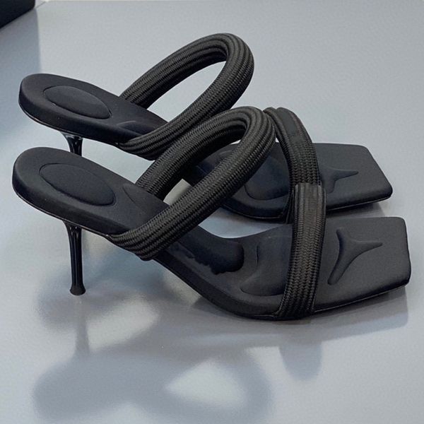 

womens summer high heeled sandal slide strappy slipper kitten mid thin heel slip on open square toe, Black