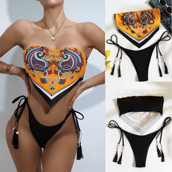 

belly pocket bikini new national style printed swimsuit tassel strap woman, White;black