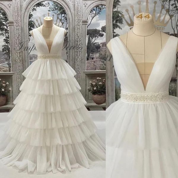

fashion a line wedding dress solid sleeveless pleated ruffles mesh patchwork vestidos deep v boho beach wedding, White