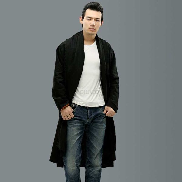 

wholesale- men linen trench coat long shawl cardigan street men punk loose fashion casual outerwear coats a68ykx1, Tan;black