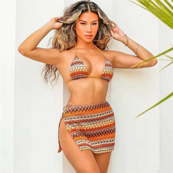 

new swimsuit women's three piece bandage skirt printed bikini, White;black
