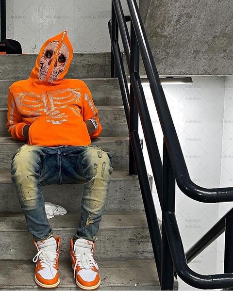 

men's hoodies sweatshirts y2k man clothing skeleton full zip oversized sweatshirts goth zip up hoodies grunge hooded jacket streetwear, Black