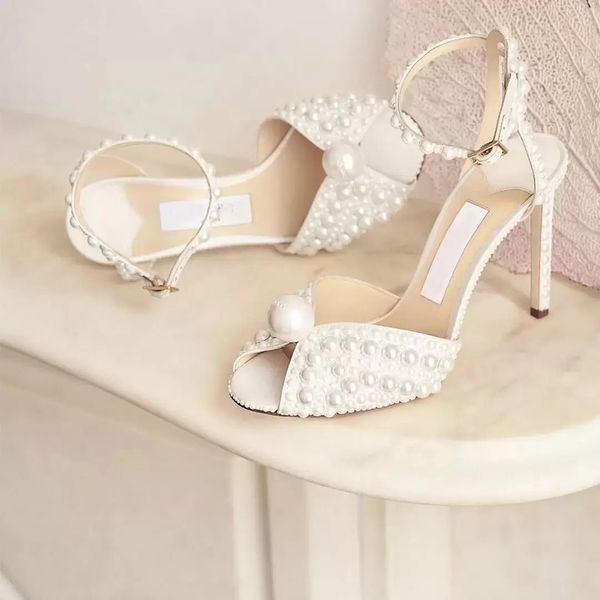 

summer design sandals bridal wedding dress shoes sacora lady sandals pearls leather luxury brands high heels women walking box eu35-43, Black