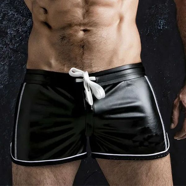 

men's shorts men punk slim motorcycle pu imitation leather breathable casual short pants male skinny bodybuilding workout 230308, White;black