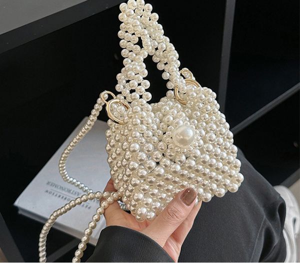 

summer girls pearls weaving handbags kids princess single shoulder bucket bag children women messenger lipsticks bag z0687, Black