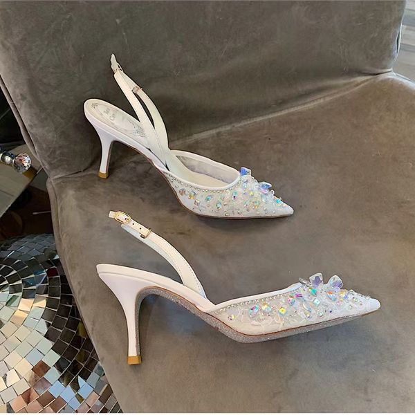 

shoes basketball rene caovilla slingbacks high heels crystal mesh lace sandals designer women pointed toe wedding 7.5cm rear void casual fac