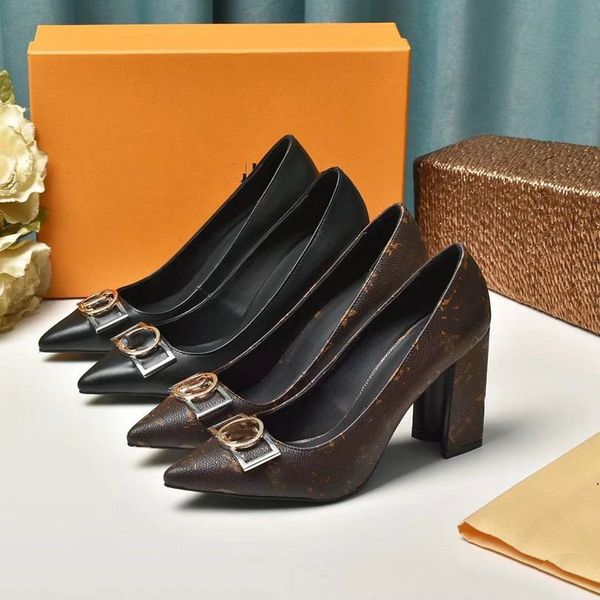 

high-quality new women dress shoes spring autumn fashion toe louiseity coarser heel high heels leather lady viutonity designer heeled boat s, Black