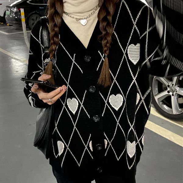 

women's knits tees fall oversized cardigan women fashion v neck black sweater heart jacquard loose single breasted winter clothes offic, White