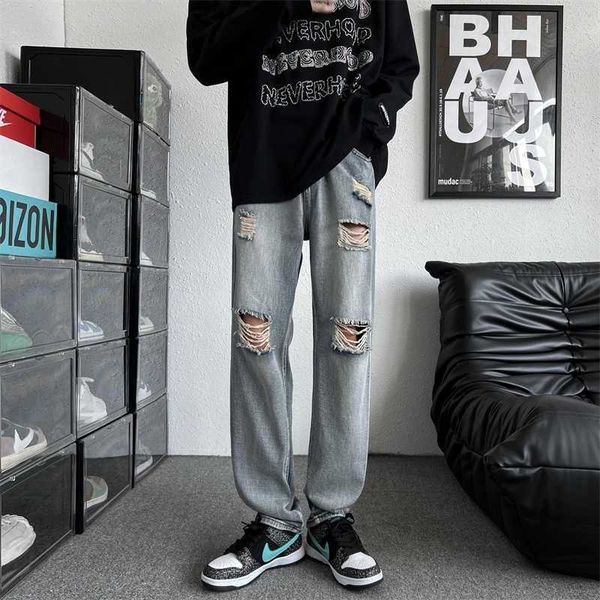 

men's pants high street men's broken jeans new fashion design brand straight streetwear male denim pants casual hip hop trousers z, Black