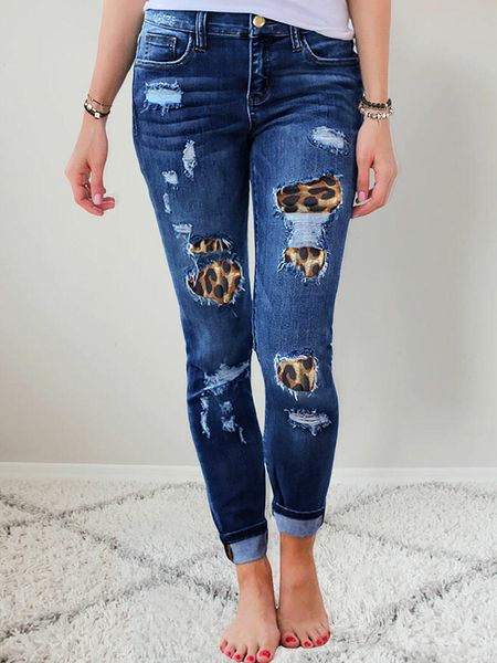 

women's jean's patchwork destroyed raw hem jeans ripped hole boyfriend denim pants leopard patch high waist skinny with pockets 23, Blue