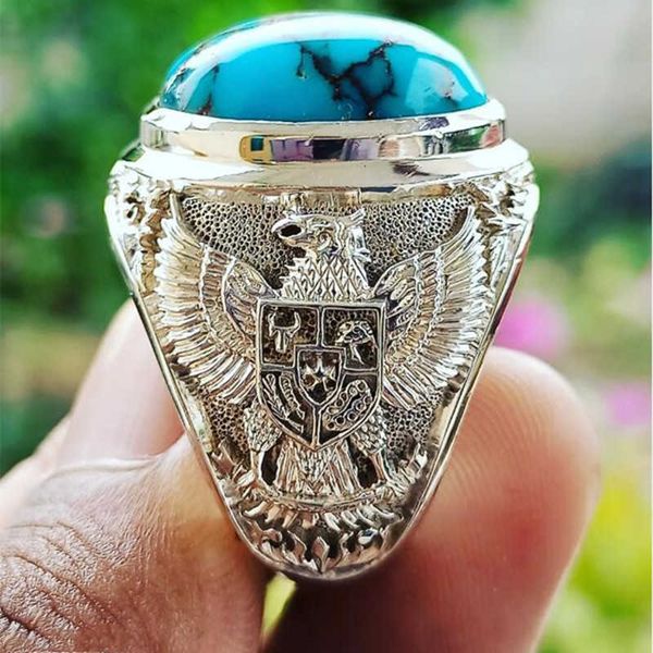 

vintage round inlaid blue stone rings fashion silver color metal hand carved eagle punk rings jewelry