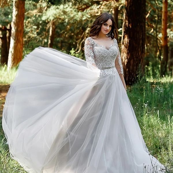 

vintage a line wedding dress sheer scoop neck lace appliqued 3/4 sleeve tulle applique sweep train wedding bridal gowns with buttons, White