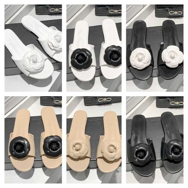 

35-41 size slip on camellia slides designer women slippers flat mule casual shoes c letter flats dad sandal beach pool leather slider flower, Black