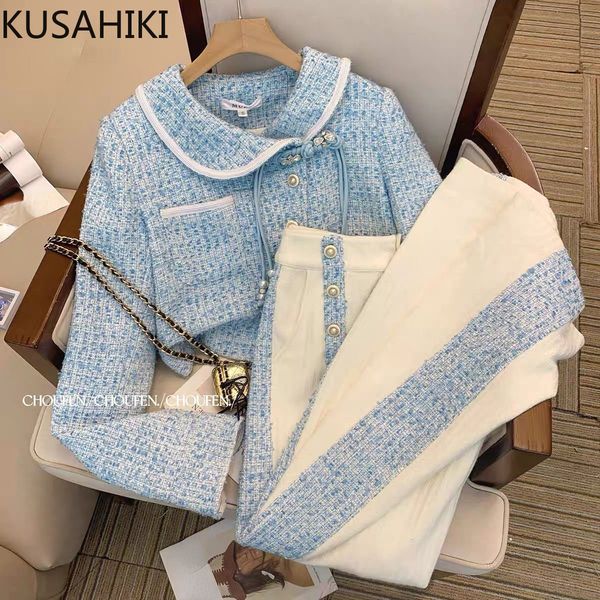 

women s two piece pants kusahiki spring autumn fashion elegant peter pan collar chic tassel vintage women coat high waist long pieces 230307, White