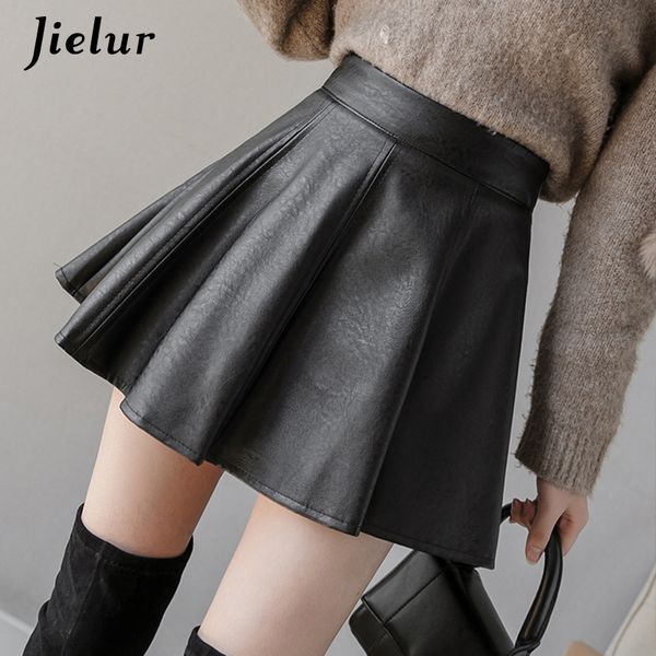 

skirts jielur pu pleated skirt autumn women solid color leather winter skirts womens slim high waist saia faldas chic zipper mini skirt 2303, Black