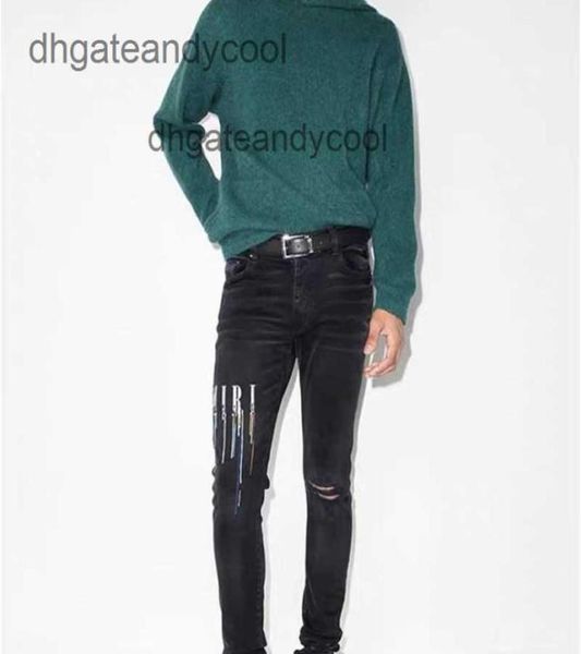 

water 2023 amirs jeans designer jean mens pant ch high street tide brand wash make old black cow hole letter embroidery spray paint9339436, Blue