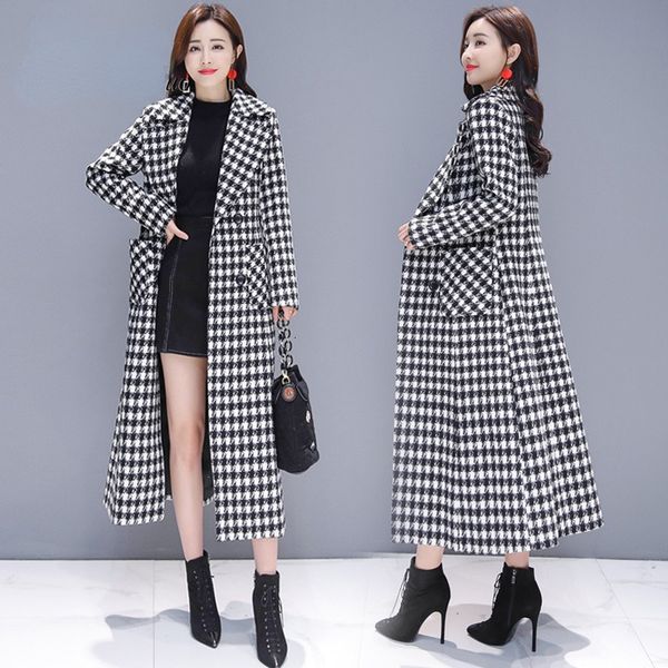 

women's wool blends large size m3xl autumn and winter houndstooth plaid coat women's long thick fashionable 230308, Black