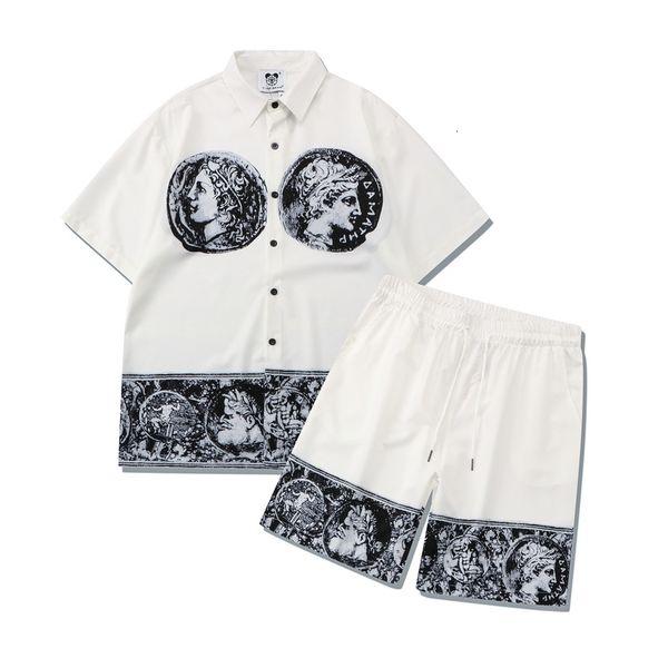 

men s polos sculpture print short sleeve shirts sets men and women streetwear hawaiian beach clothes y2k casual oversized loose 230308, White;black