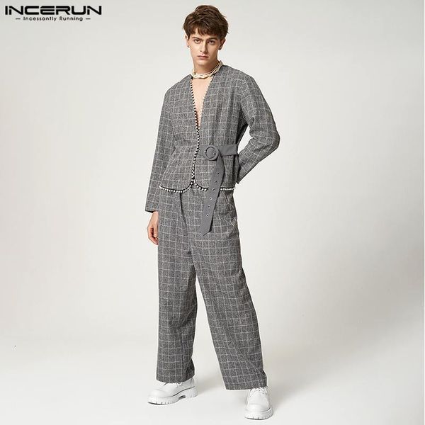 

men s polos incerun american style men plaid pattern metal belt long sleeved collarless trousers casual streetwear two piece sets s 5xl 230, White;black