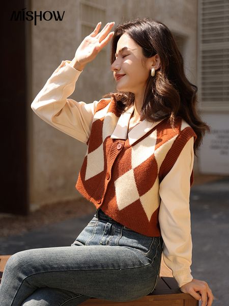 

women's knits tees mishow stitching fake two piece autumn winter french retro polo collar rhombic plaid knitted sweater mxb38z0901 2303, White