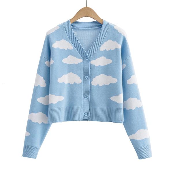 

women's knits tees fall korean cartoon clouds knitted cardigan for women v neck long sleeve loose oversize sweaters casual blue clothe, White