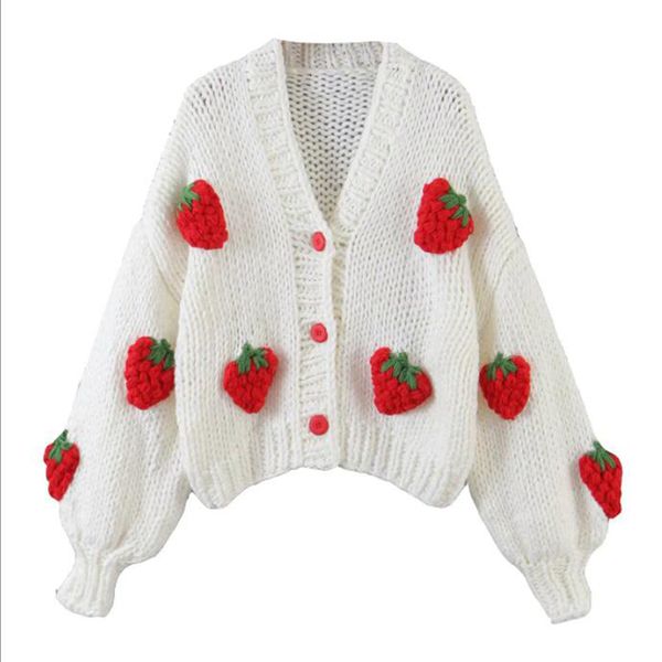 

women's knits tees cute strawberry women cardigan sweater winter loose fashion v neck hand 3d knitting ladies jumper casual female coat, White