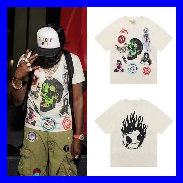 

dept. iladox skull flame color english print cut damaged short sleeve t-shirt, Black;white
