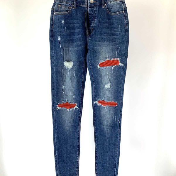 

jeans men pants ammir wash blue worn patchwork elastic slim fit men's women's high street fashion designer brand niche ins celebri