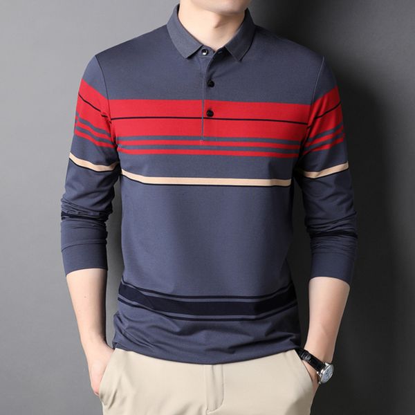 

men's polos spring autumn men's striped polo long sleeve shirts business casual lapel simple fashion slim classic t shirts male 2, White;black