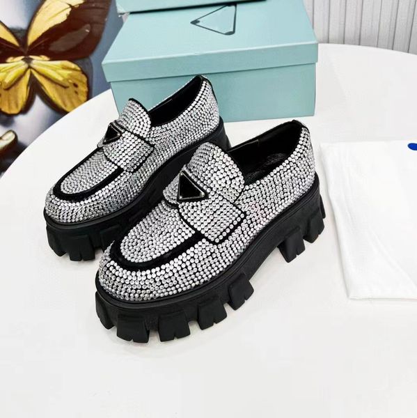 

casual dress shoes designer crystal thick soles fashion sleeve casual shoes flat shoes triangle luxury classic women platform factory shoes, Black