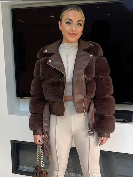 

women's jackets rr1485 faux fur coats with pu leather wholeskin eco fur jacket outwear luxury women winter slim jacket warmer fur coats, Black;brown