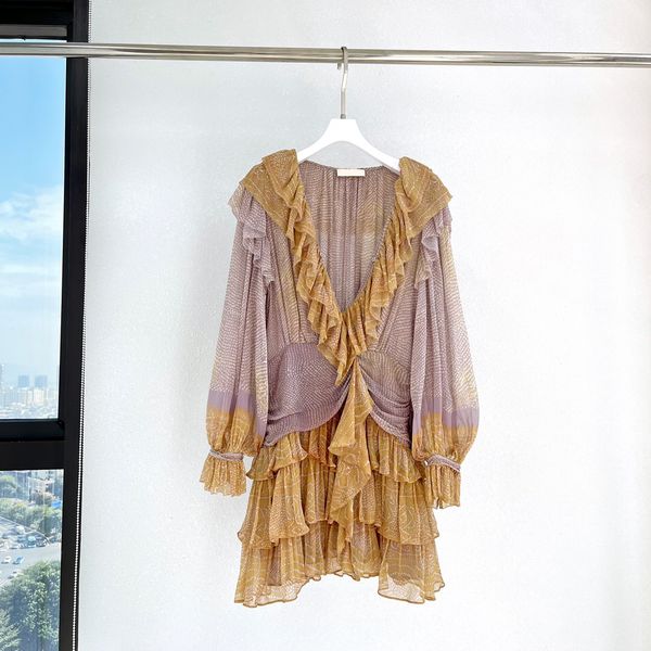 

runway dress ruffled v-neck lantern sleeve silk printed dress mini dress, Black