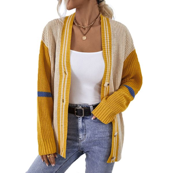 

single breasted cardigan women's sweaters striped multi color knitted casual coats knits knitwear with lantern long sleeves buttons fa, White;black