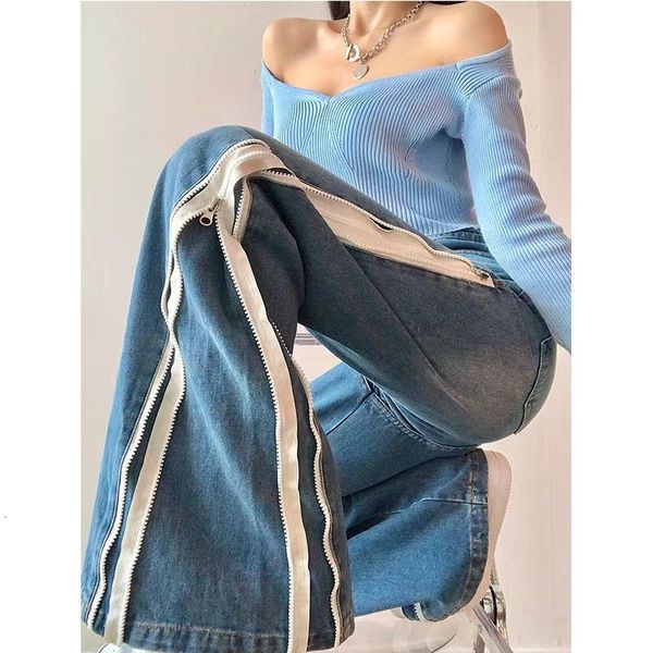 

women's jeans design niche y2k high streetwear waist baggy jean side zipper wide leg vintage slit straight denim trousers female 230308, Blue