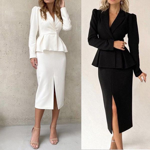 

two piece dres elegant tweed twopiece skirts and blazer suits stylilsh long sleeve short jacket coat high waist back zipper midi skirt 23030, White