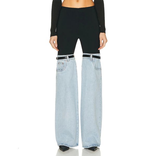 

women's jean high waist wide leg jeans patchwork multicolor elastic colorblock stretch street pantaloon pants 2023 230308, Blue
