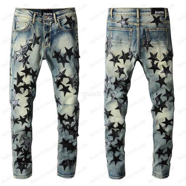 

mens jeans for guys rip slim fit skinny man pants orange star patches wearing biker denim stretch cult motorcycle trendy longpidg, Blue