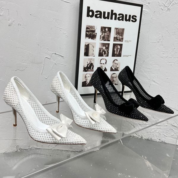 

womens spring summer crystal mesh pump shoes fashion sandal with bow high stiletto heel pointy toe slip on, Black