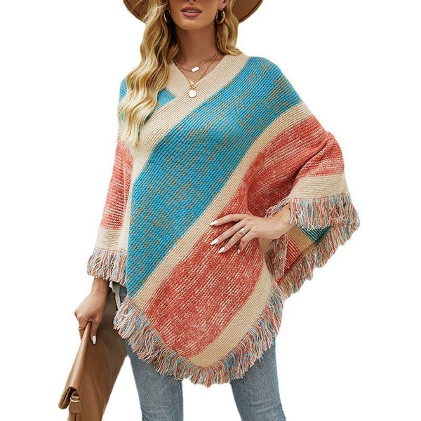 

v-neck women fall winter poncho colorful striped color weaving pullover cloak tassels fringe artificial cashmere irregular pullover knitting, Black