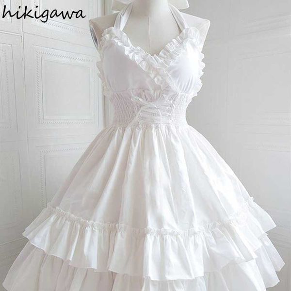 

casual dresses 2023 vestidos de mujer fashion white dresses women lolita style bandage backless sweet dress slim fit ruffles sling robe femm, Black;gray