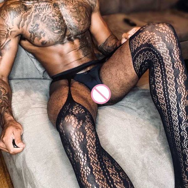 

silk stockings lace men's net strange men's underwear gauze transparent pajamas club new party cross socks, Black;white