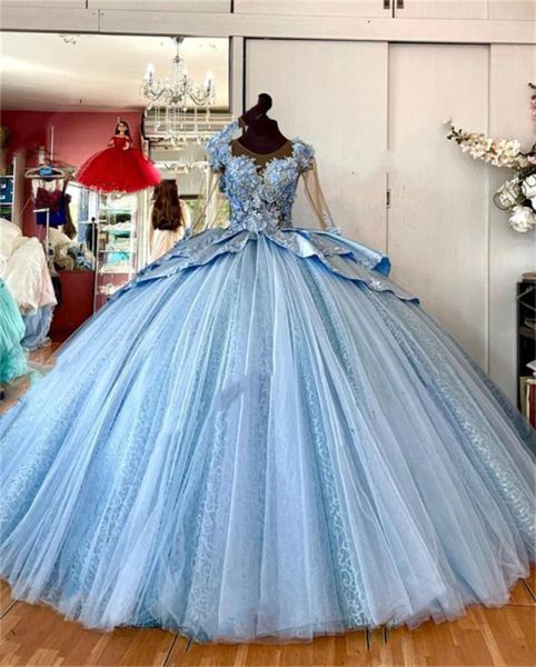 

2023 skly blue quinceanera dresses long sleeves lace applique beaded scoop neck tulle tiered satin custom made sweet 15 16 princess pageant, Blue;red