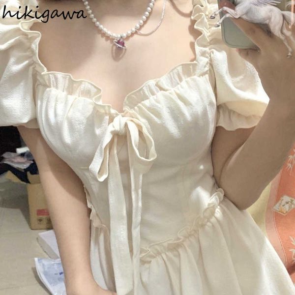 

casual dresses 2023 vestidos de mujer korean fashion sweet woman dress vintage robe femme square collar ruffles bow tunic summer dresses 7e6, Black;gray