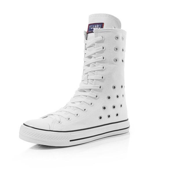 

35-43 canvas women fashion high-breathable hollow flat boots long-barreled casual flats boots height increasing shoes, Black